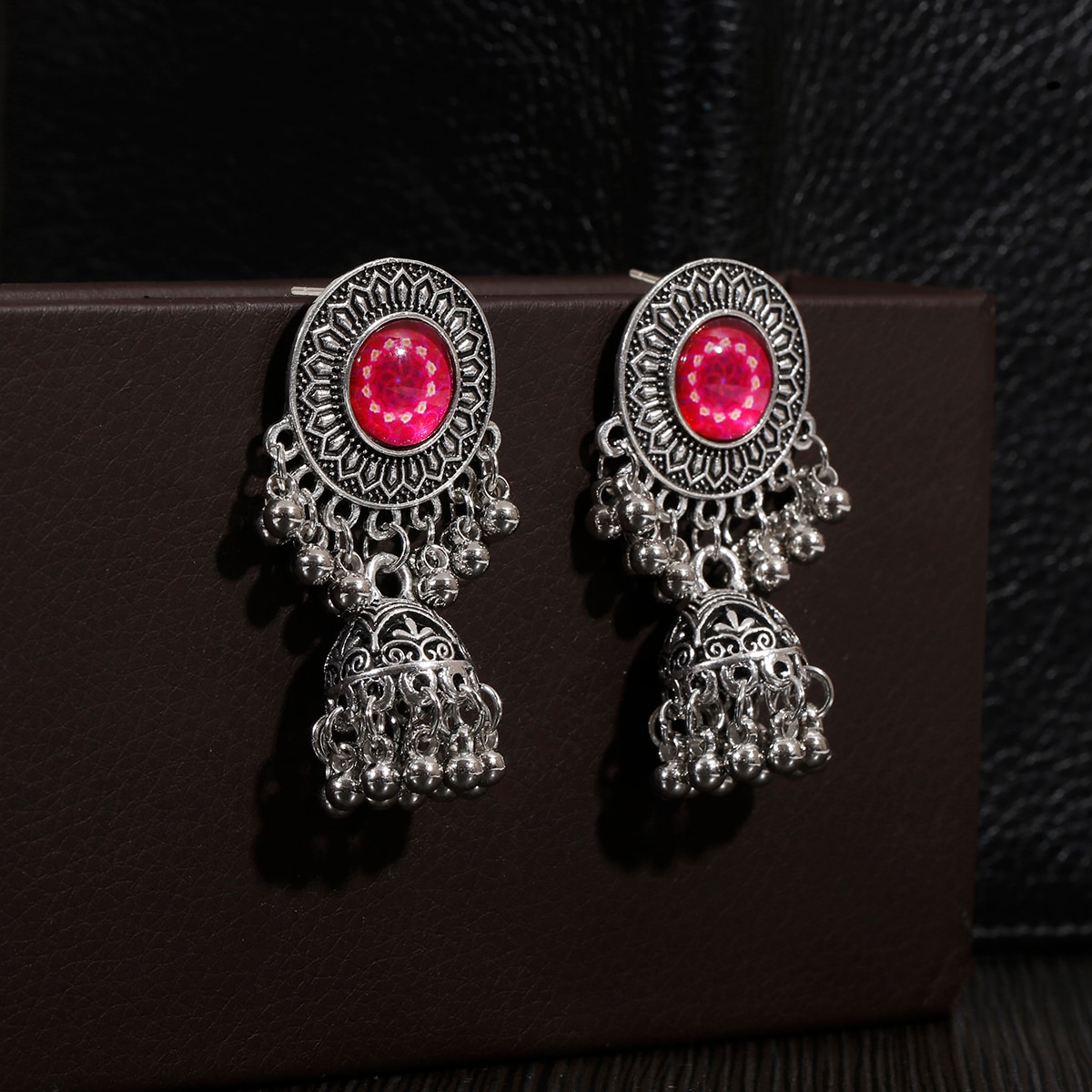 Classic-Vintage-Silver-Color-Alloy-Carved-Bollywood-Oxidized-Earrings-For-Women-Ethnic-Rose-Red-Jhum-1005003651700580-3
