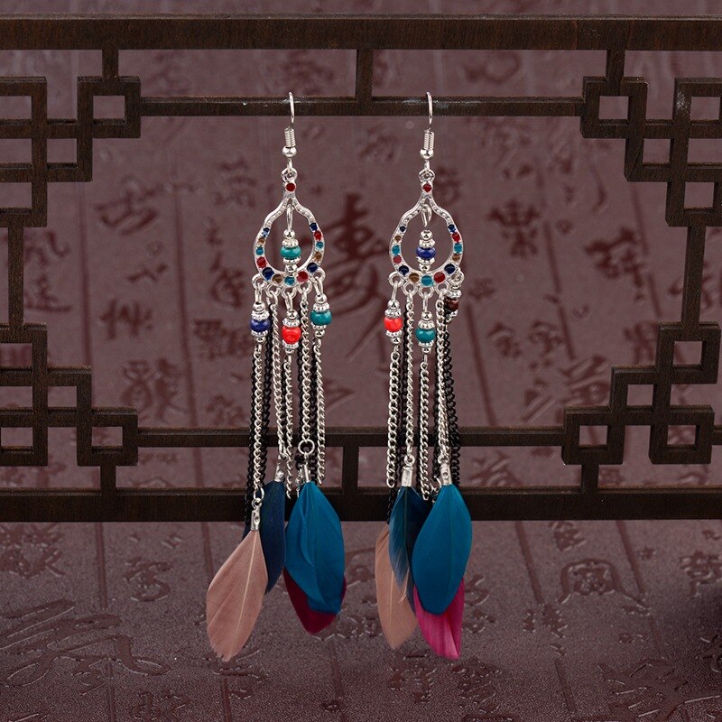 Ethnic-Blue-Feather-Long-Earrings-For-Women-Gypsy-Jhumka-Jhumki-Chain-Indian-Beads-Earrings-Handmade-32939505998-3