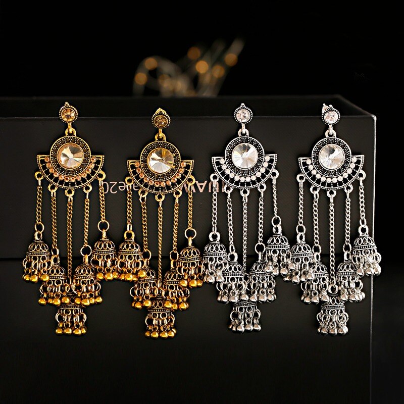 Ethnic-Sector-Silver-Color-Long-Tassel-Bell-Dangle-Earrings-For-Women-Handmade-Rhinestone-Gypsy-Trib-4000299503832-2