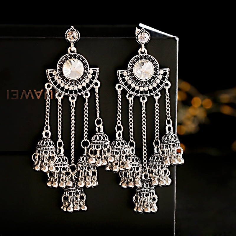 Ethnic-Sector-Silver-Color-Long-Tassel-Bell-Dangle-Earrings-For-Women-Handmade-Rhinestone-Gypsy-Trib-4000299503832-3