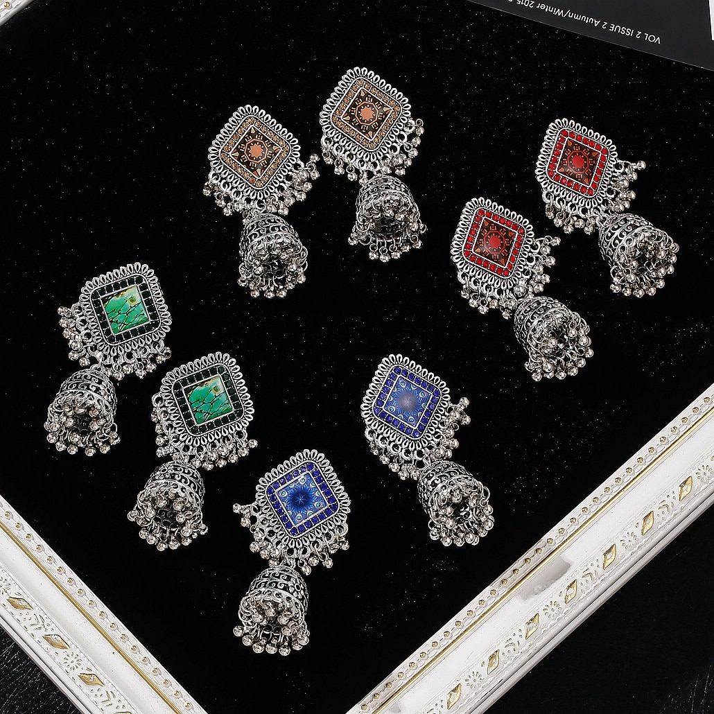 Pendientes-Boho-Vintage-Square-Silver-Color-Indian-Earrings-For-Women-Ethnic-Beads-Bells-Tassel-Wedd-2