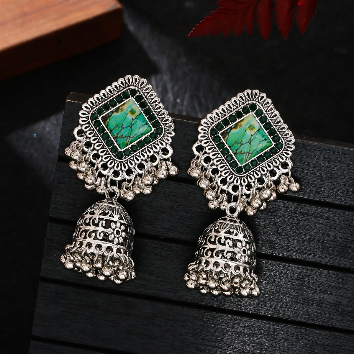 Pendientes-Boho-Vintage-Square-Silver-Color-Indian-Earrings-For-Women-Ethnic-Beads-Bells-Tassel-Wedd-3