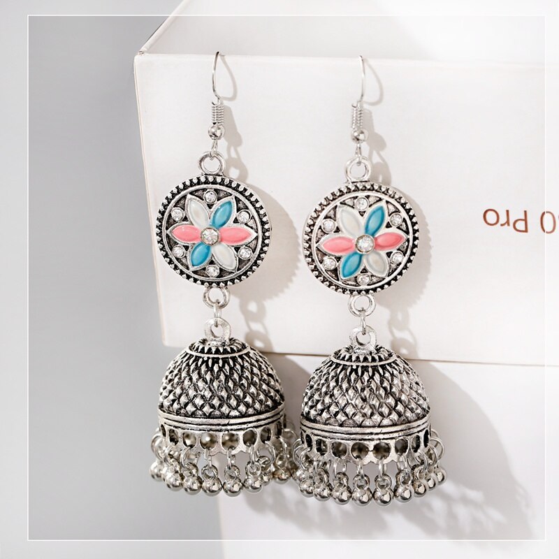 Womens-Silver-Color-Beads-Tassel-Indian-Jhumka-Earrings-Ethnic-Vintage-Flower-Bollywood-Oxidized-Bel-4001255744049-5