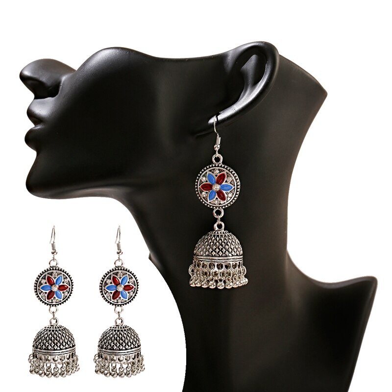 Womens-Silver-Color-Beads-Tassel-Indian-Jhumka-Earrings-Ethnic-Vintage-Flower-Bollywood-Oxidized-Bel-4001255744049-7