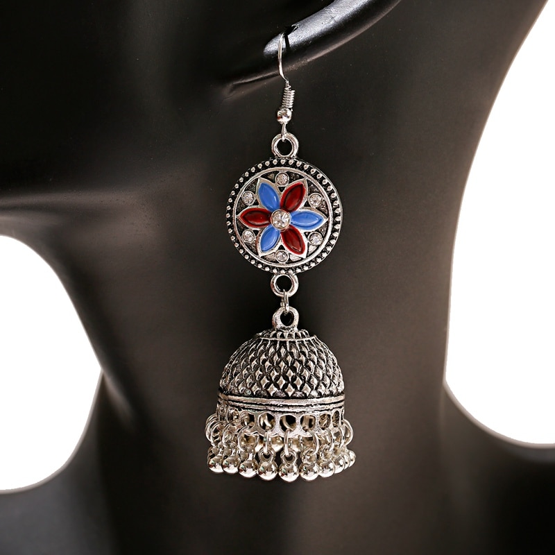 Womens-Silver-Color-Beads-Tassel-Indian-Jhumka-Earrings-Ethnic-Vintage-Flower-Bollywood-Oxidized-Bel-4001255744049-8