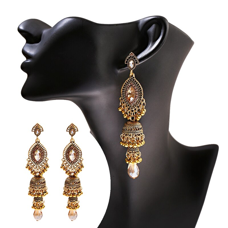 Ethnic-Womens-Gold-Color-Jhumka-Indian-Earrings-Vintage-Rhinestone-Exaggerated-Lantern-Tassel-Palace-10