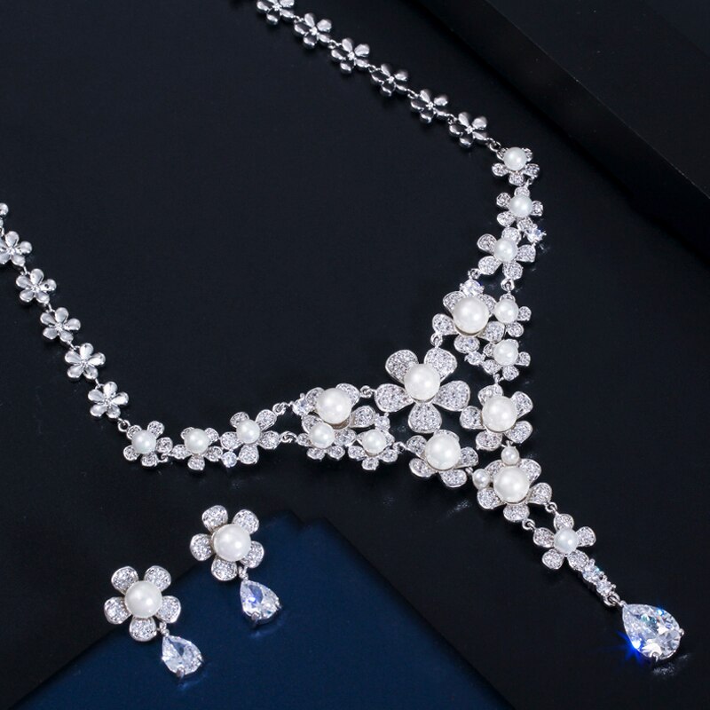 ThreeGraces-Elegant-Shiny-Cubic-Zirconia-Long-Flower-Shape-Simulated-Pearl-Necklace-Earrings-Bridal--4000112067807-11