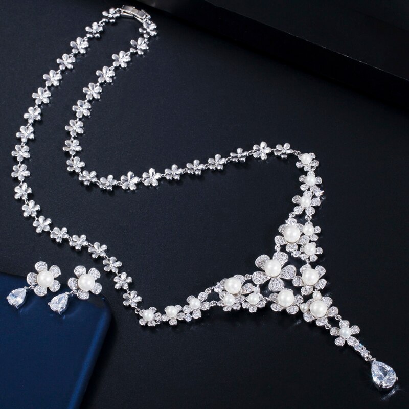 ThreeGraces-Elegant-Shiny-Cubic-Zirconia-Long-Flower-Shape-Simulated-Pearl-Necklace-Earrings-Bridal--4000112067807-8