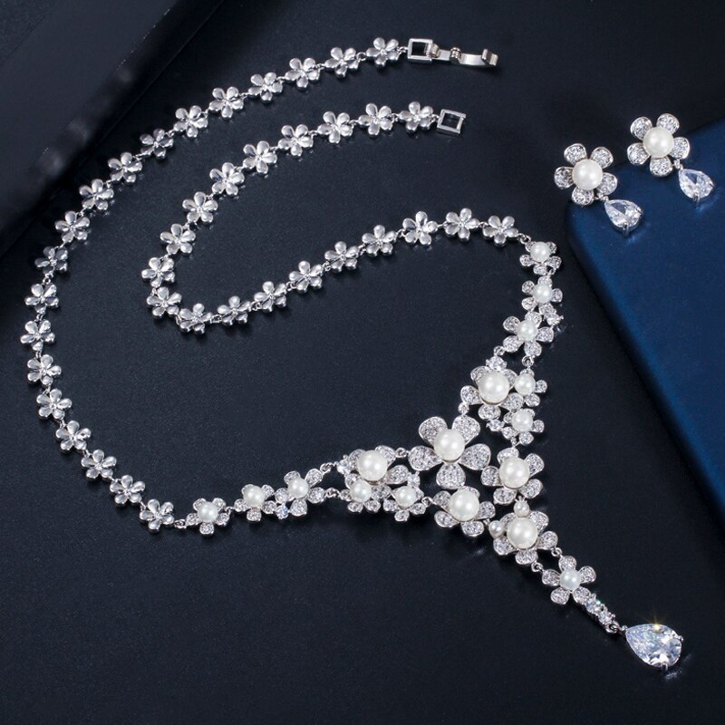 ThreeGraces-Elegant-Shiny-Cubic-Zirconia-Long-Flower-Shape-Simulated-Pearl-Necklace-Earrings-Bridal--4000112067807-10