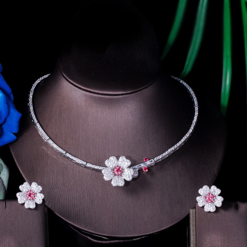 ThreeGraces-High-Quality-Bridal-Wedding-Jewelry-White-Hot-Pink-Cubic-Zirconia-Flower-Necklace-Earrin-4001226549331-7