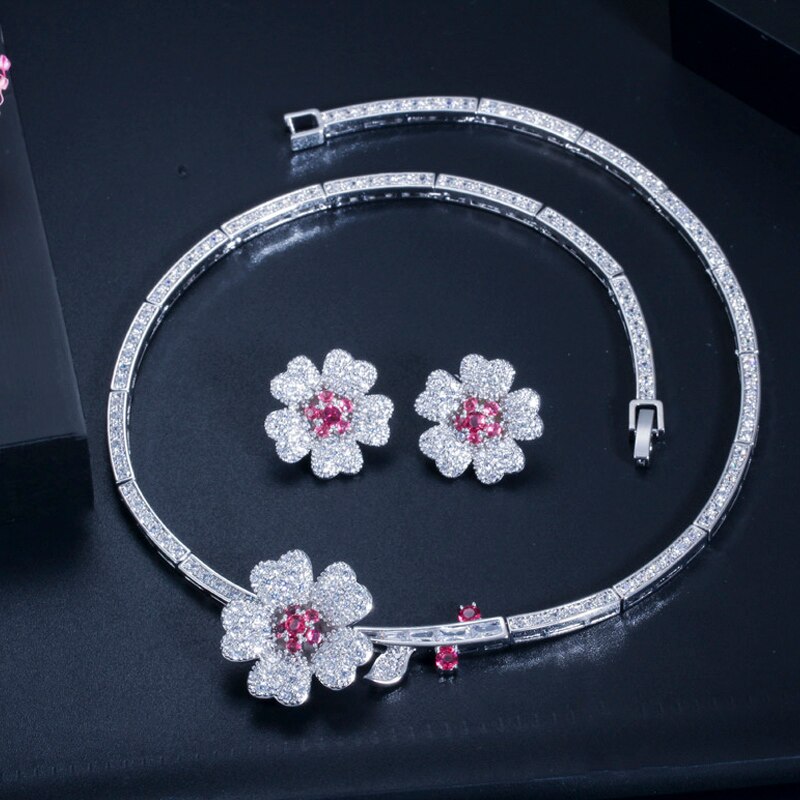 ThreeGraces-High-Quality-Bridal-Wedding-Jewelry-White-Hot-Pink-Cubic-Zirconia-Flower-Necklace-Earrin-4001226549331-8
