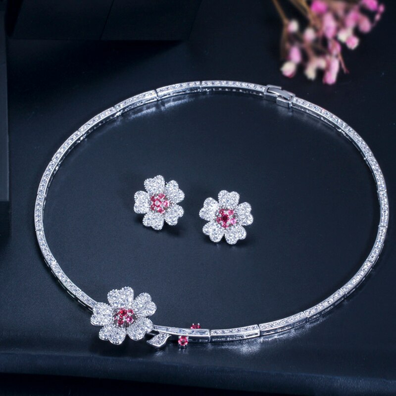 ThreeGraces-High-Quality-Bridal-Wedding-Jewelry-White-Hot-Pink-Cubic-Zirconia-Flower-Necklace-Earrin-4001226549331-9