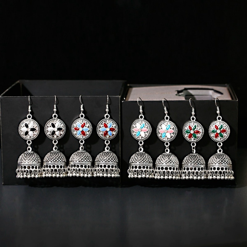 Womens-Silver-Color-Beads-Tassel-Indian-Jhumka-Earrings-Ethnic-Vintage-Flower-Bollywood-Oxidized-Bel-4001255744049-2