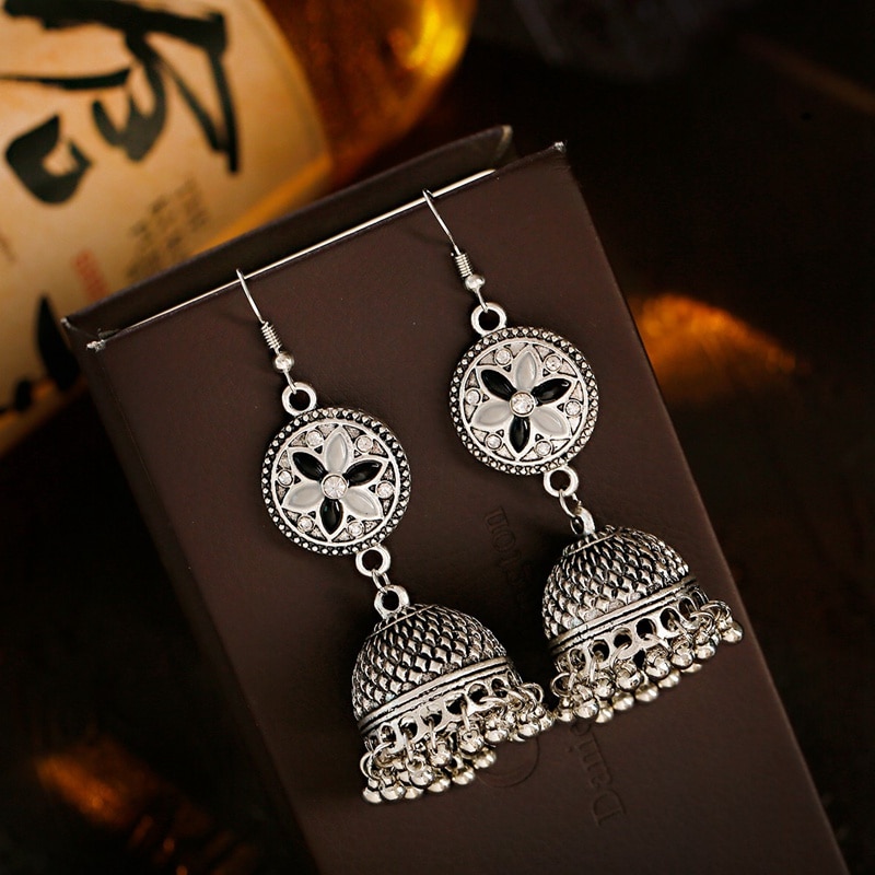 Womens-Silver-Color-Beads-Tassel-Indian-Jhumka-Earrings-Ethnic-Vintage-Flower-Bollywood-Oxidized-Bel-4001255744049-3