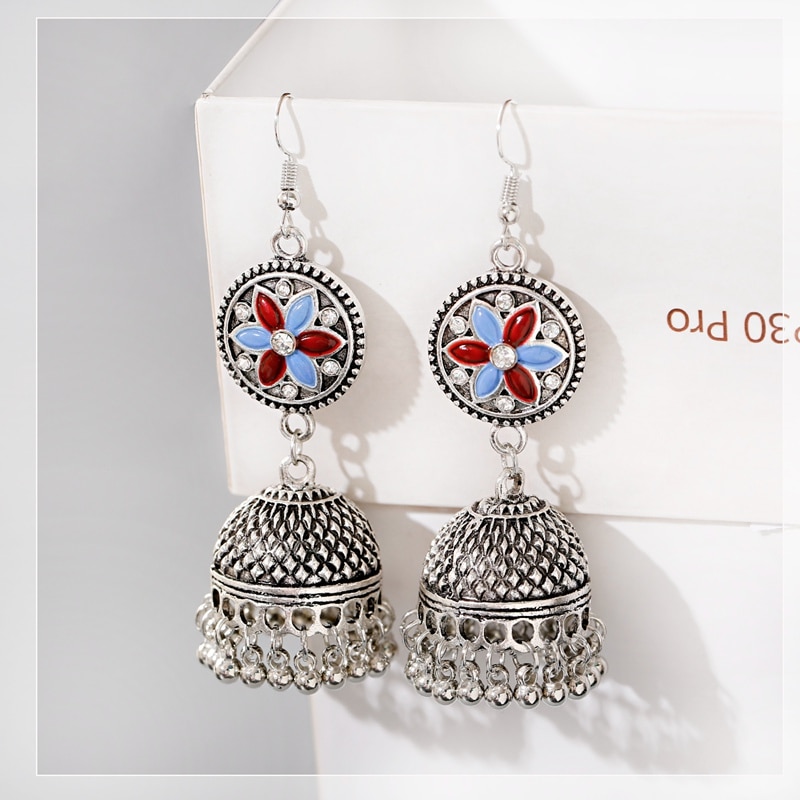 Womens-Silver-Color-Beads-Tassel-Indian-Jhumka-Earrings-Ethnic-Vintage-Flower-Bollywood-Oxidized-Bel-4001255744049-6